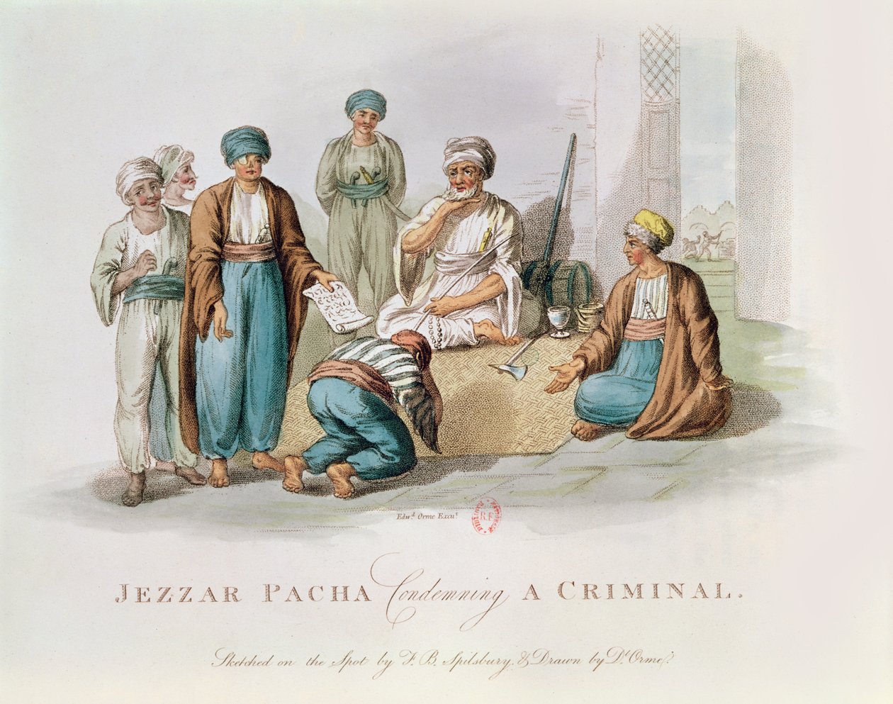 Jezzar Pacha n.1720-1804 tuomitsemassa rikollista värikaiverruskuvaus tekijältä Edward Orme