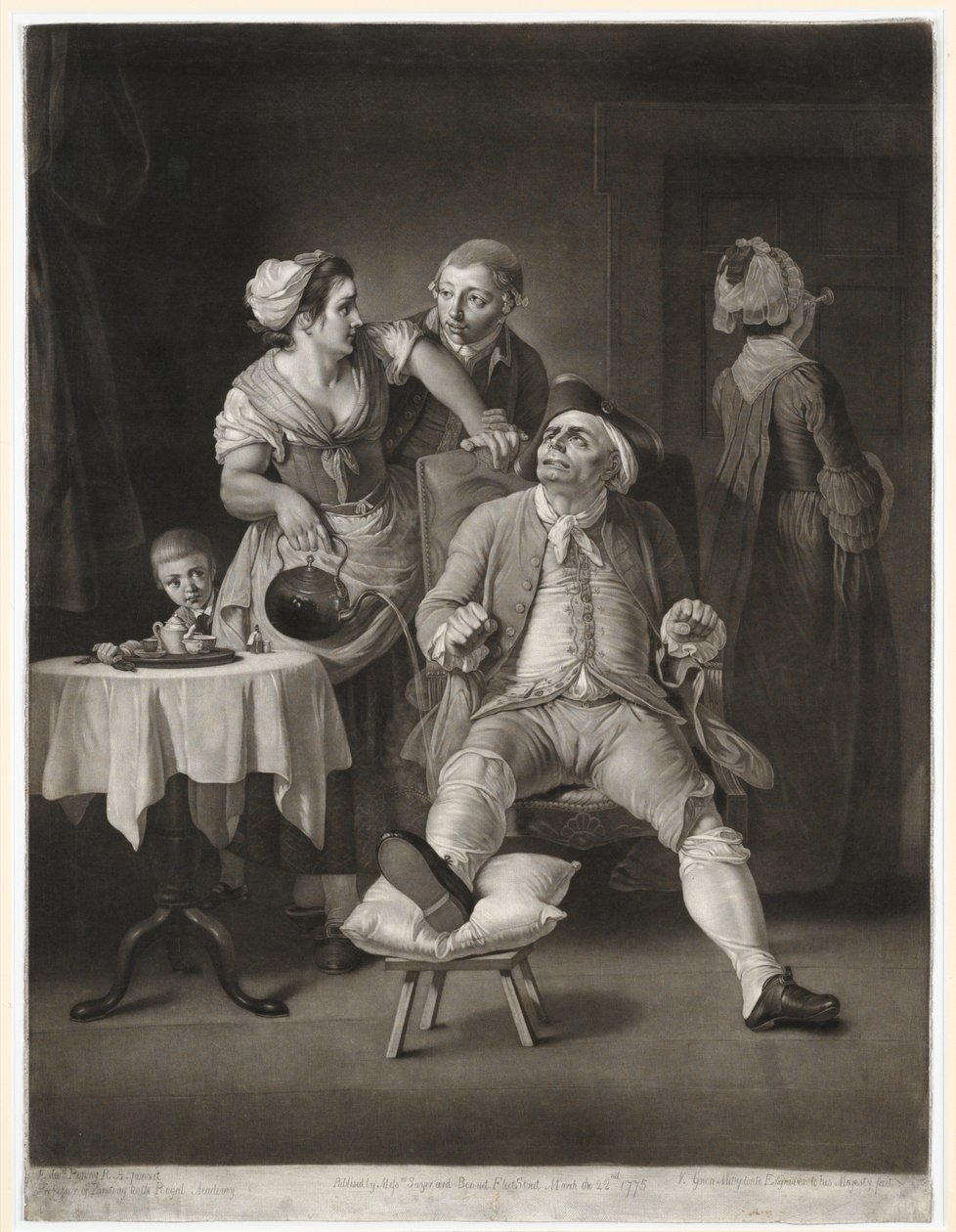 Laiminlyönnistä ja halveksunnasta rangaistava tuhlaaja, Valentine Greenin vedos, 1775 (mezzotint) tekijältä Edward Penny