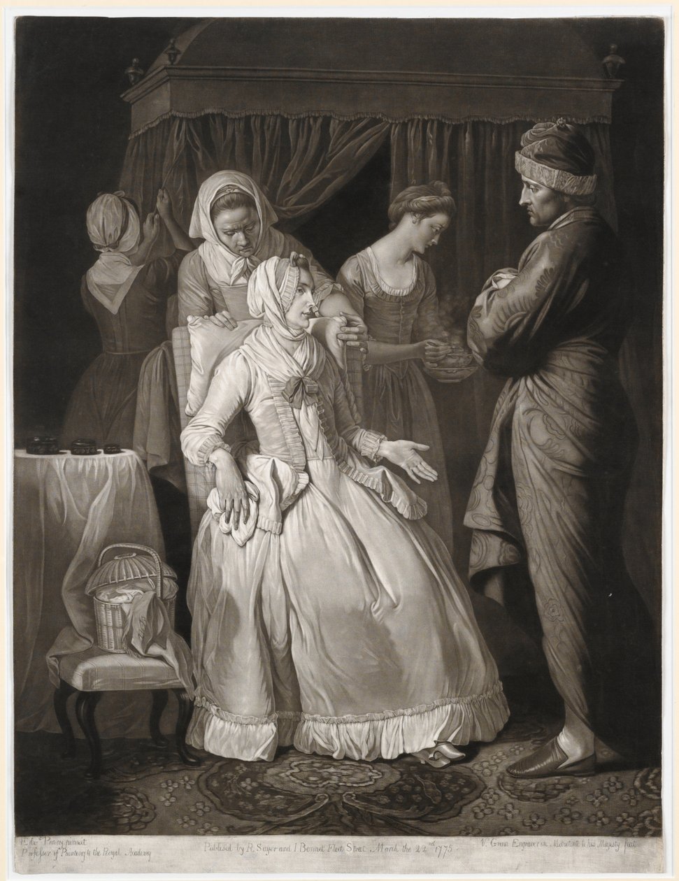 Sympatian ja huomion lohduttama hyveellinen, Valentine Greenin painatus, 1775 (mezzotint) tekijältä Edward Penny