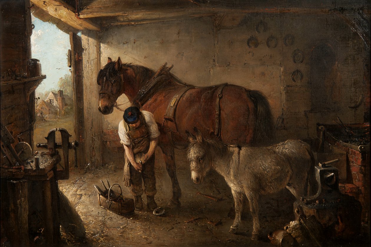 Farrier, joka kynsi aurahevosta aasin kanssa takomossa. tekijältä Edward Robert Smythe