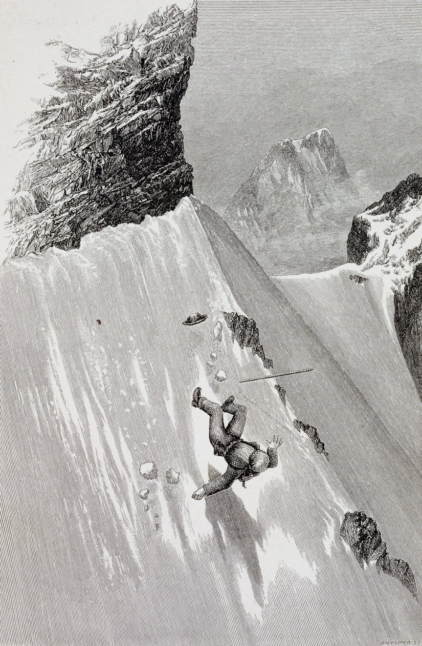 "In Attempting to Pass the Corner I Slipped and Fall" Edward Whymperin 1860-80-luvulla julkaistusta The Ascent of the Matterhornista tekijältä Edward Whymper