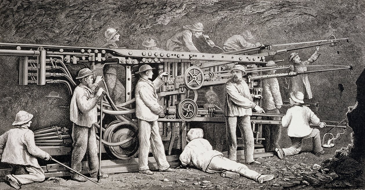 Edistynyt galleria Mont Cenis -tunnelin Ranskan puolella, jossa "Perforatrices" työskennellyt, Edward Whymperin "Matterhornin nousu", julkaistu 1860-80-luvulla tekijältä Edward Whymper