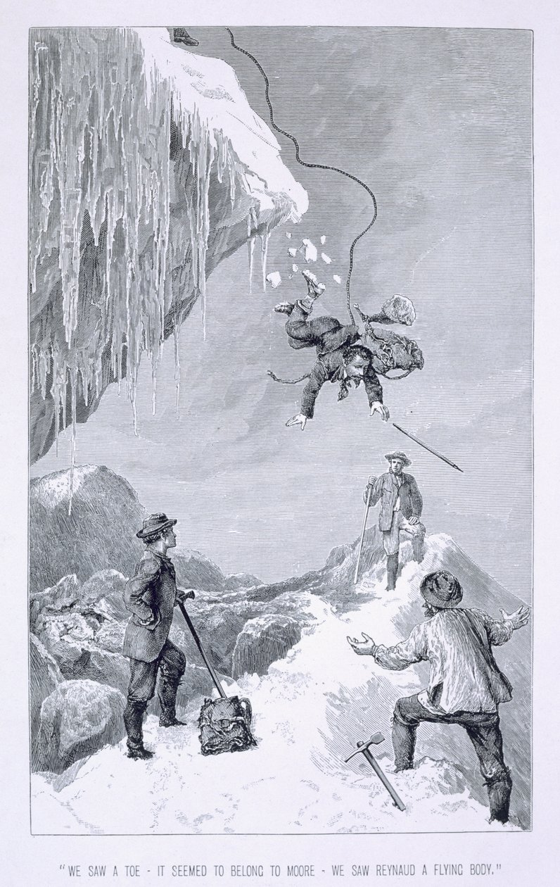 "Me näimme varpaan - se näytti kuuluvan Moorelle - me näimme Reynaudin lentävän ruumiin", Edward Whymperin "Matterhornin nousu", julkaistu 1860-80-luvulla tekijältä Edward Whymper