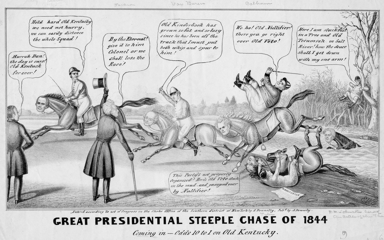 Vuoden 1844 suuri presidenttitornin jahdata : tulossa - kerroin 10-1 Old Kentuckyssa, julkaisija A Donnelly, New York, 1844 tekijältä Edward Williams Clay