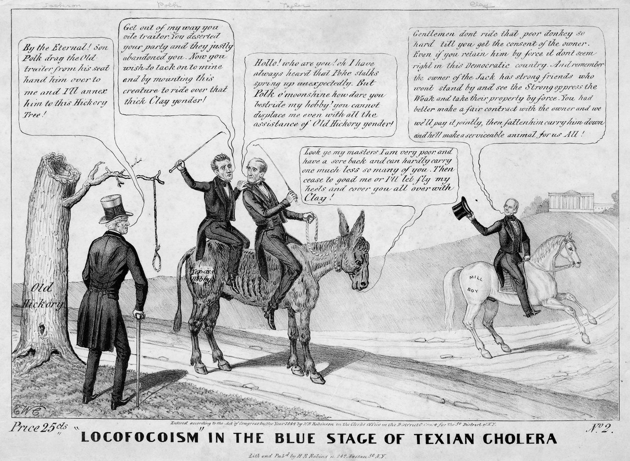 Locofocoism in the Blue Stage of Texian kolera, julkaisija H R Robinson, New York, 1844 tekijältä Edward Williams Clay