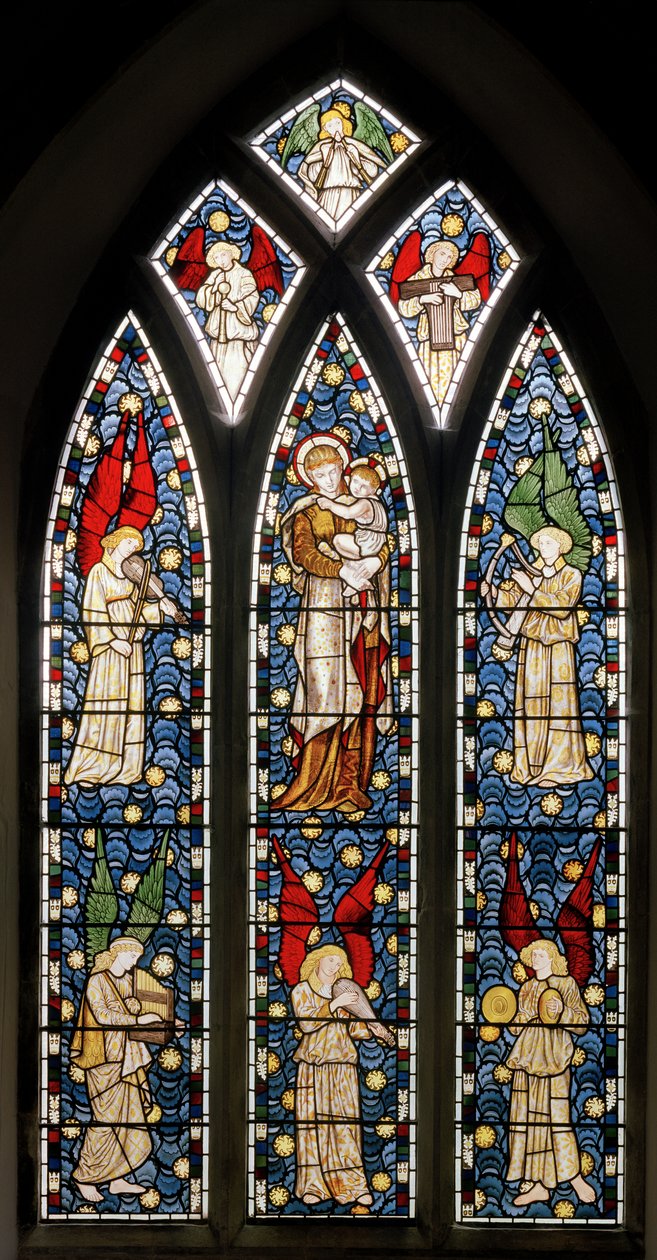 Tilehurst, St Michael, Morris Marshall & Faulkner & Co, William Morris, Edward Burne-Jones, Madonna & Child, Musical Angels, 1869 tekijältä Edward and Morris Burne Jones