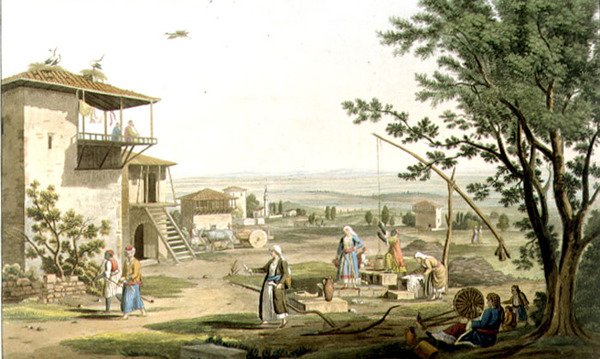Larissa, levy 29 "Näkymät Kreikassa" osasta 6, kaiverrus Frederick Christian Lewis (1779-1856) pub. 1821 (akvatinta) tekijältä Edward (after) Dodwell