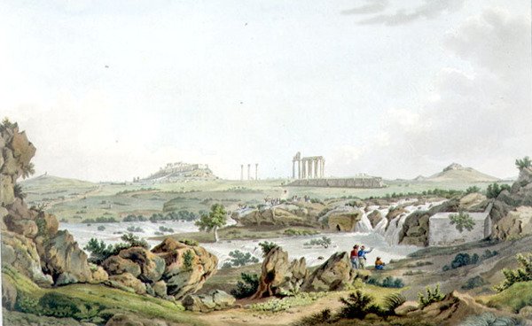 Jupiter Olympioksen temppeli ja Ilissos-joki, levy 30 "Näkymät Kreikassa" osasta 5, kaiverrettu Thomas Medland tekijältä Edward (after) Dodwell