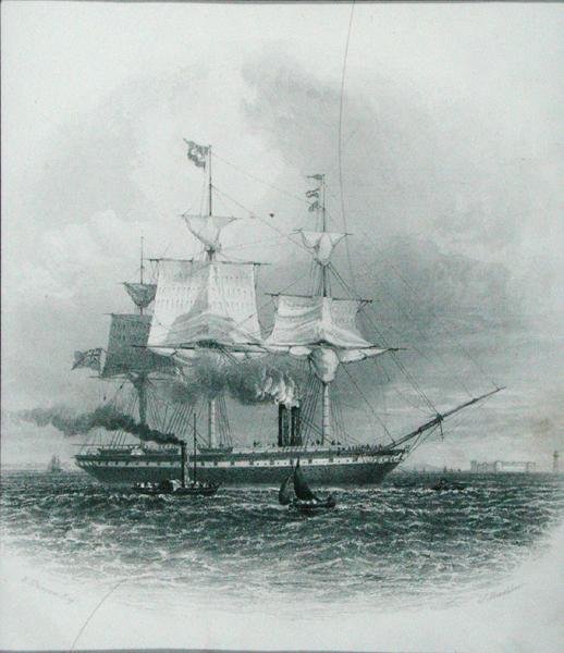 Liverpool - "Iso-Britannia" lähtee satamasta vuonna 1853, "Cyclopaedia of Useful Arts & Manufactures", toimittanut Charles Tomlinson, kaivertanut J. Bradshaw, noin 1880-luku (kaiverrus) tekijältä Edward (after) Duncan