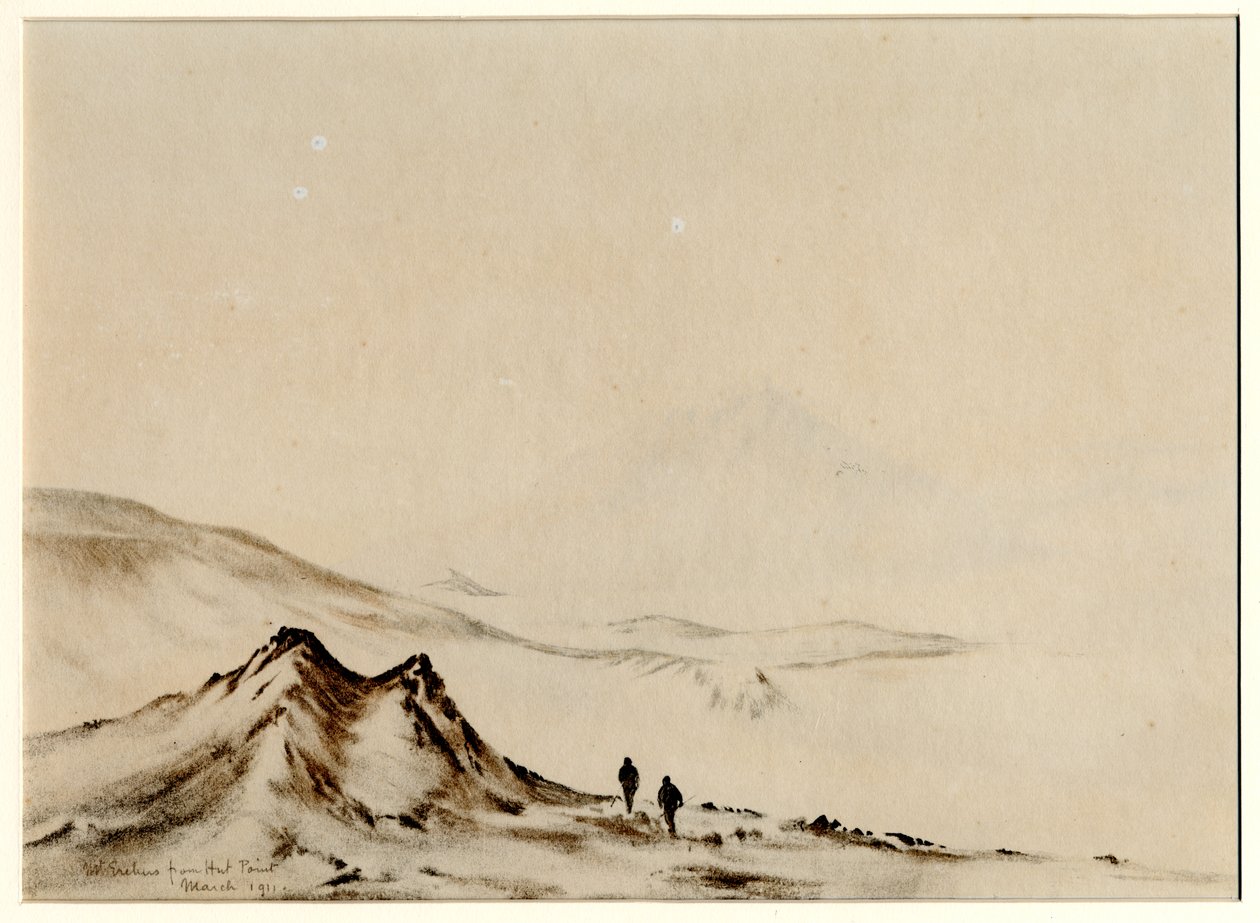 Mount Erebus Hut Pointista, 1901-04 (wc paperilla) tekijältä Edward Adrian Wilson