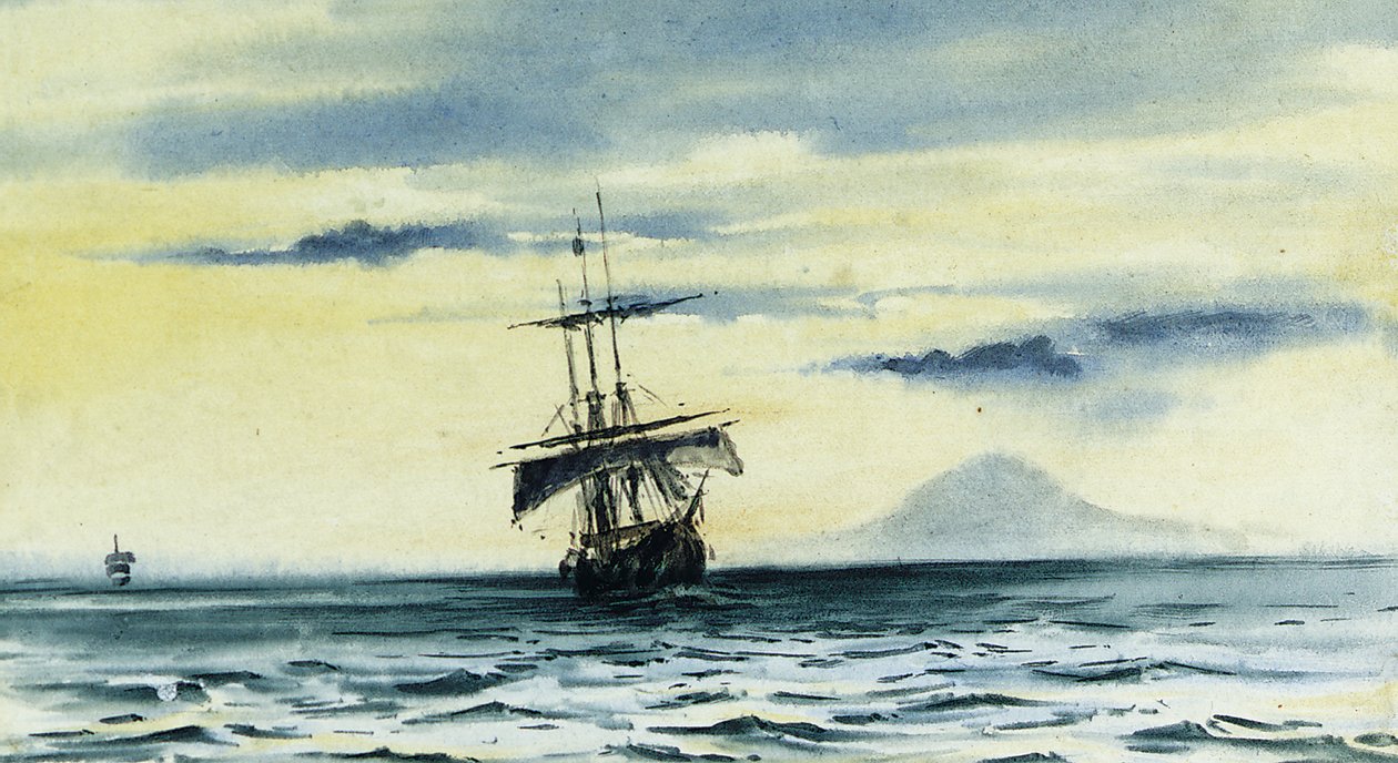 Mount Discoveryn viimeinen nähtävyys: SS. "Morning" ja "Terra Nova" McMurdon salmen "löydön" jälkeen, 19.2.04 Keskiyö, 1904 tekijältä Edward Adrian Wilson