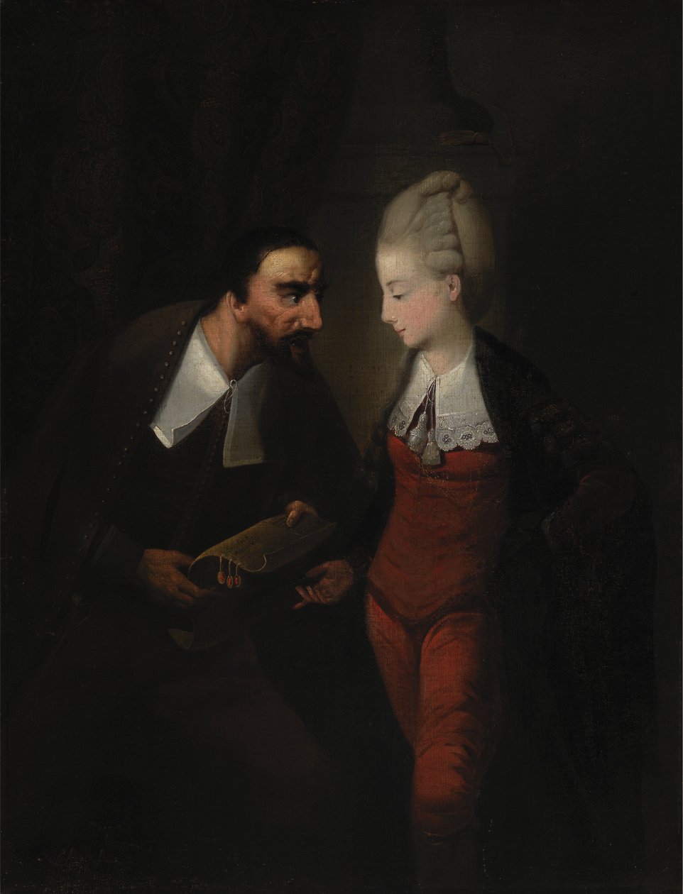 Portia ja Shylock, Shakespearen teoksesta "Venetsialainen kauppias", IV, i tekijältä Edward Alcock