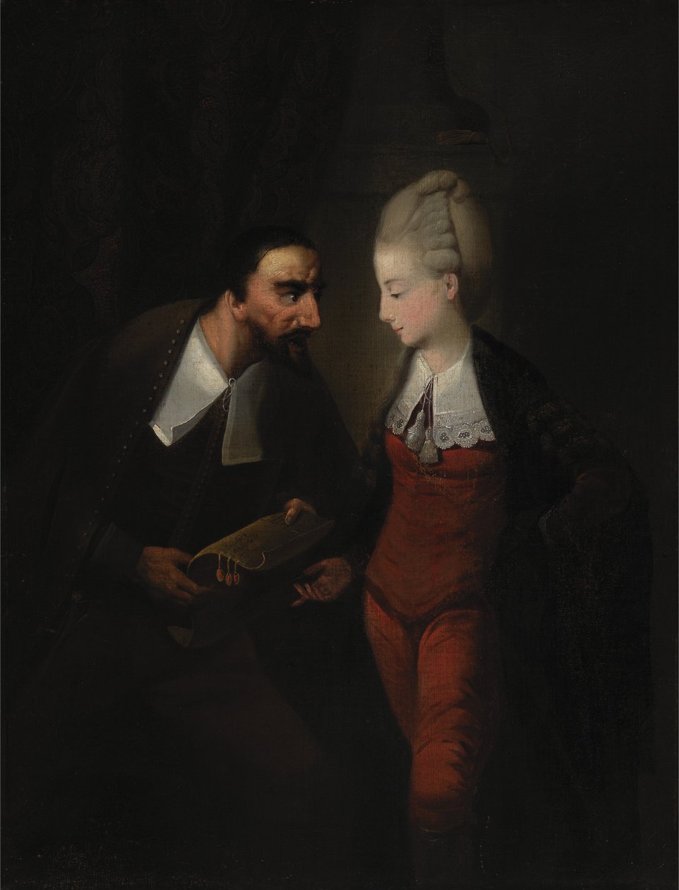 Portia ja Shylock, Shakespearen teoksesta "Venetsian kauppias", IV, i. tekijältä Edward Alcock