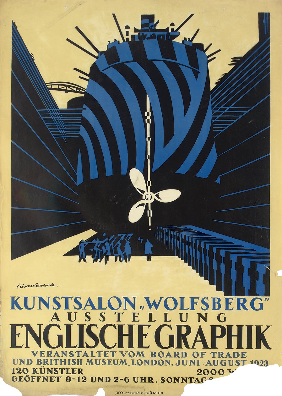 Saksalainen juliste englanninkielistä grafiikkaa käsittelevään näyttelyyn Board of Tradelle ja British Museumille tekijältä Edward Alexander Wadsworth