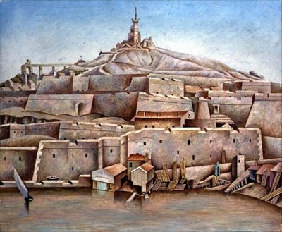 Marseille, n. 1926 (tempera paneelissa) tekijältä Edward Alexander Wadsworth