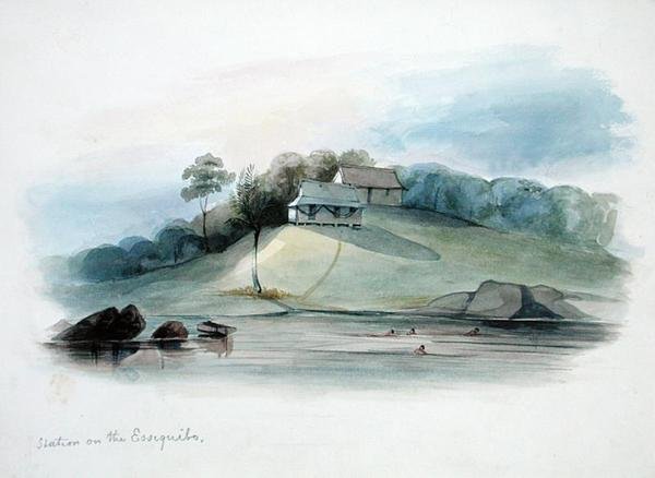 Essiquibo-joen asema, Brittiläinen Guyana, noin 1840 (vesiväri paperille). tekijältä Edward Angelo Goodall