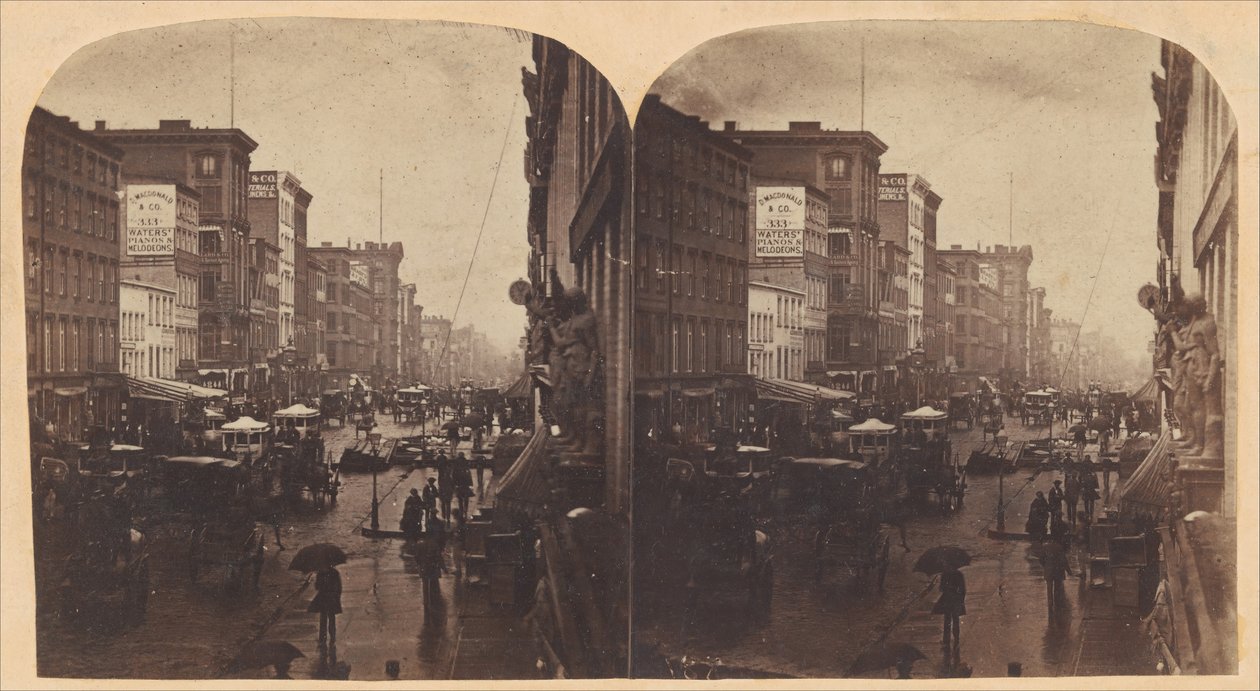 Broadway in the Rain, todennäköisesti otettu 308:sta tai 310:stä Broadway, New York City, n. 1860-luku. tekijältä Edward Anthony