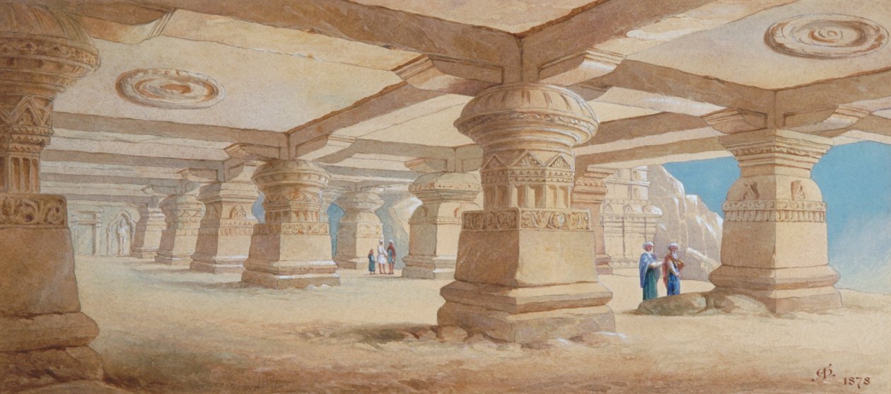 "Rock Cut Temple, Ellora", Maharashtra, Intia, 1878 tekijältä Edward Arthur Heffer