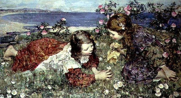 Perhoset (öljy paneelissa) tekijältä Edward Atkinson Hornel