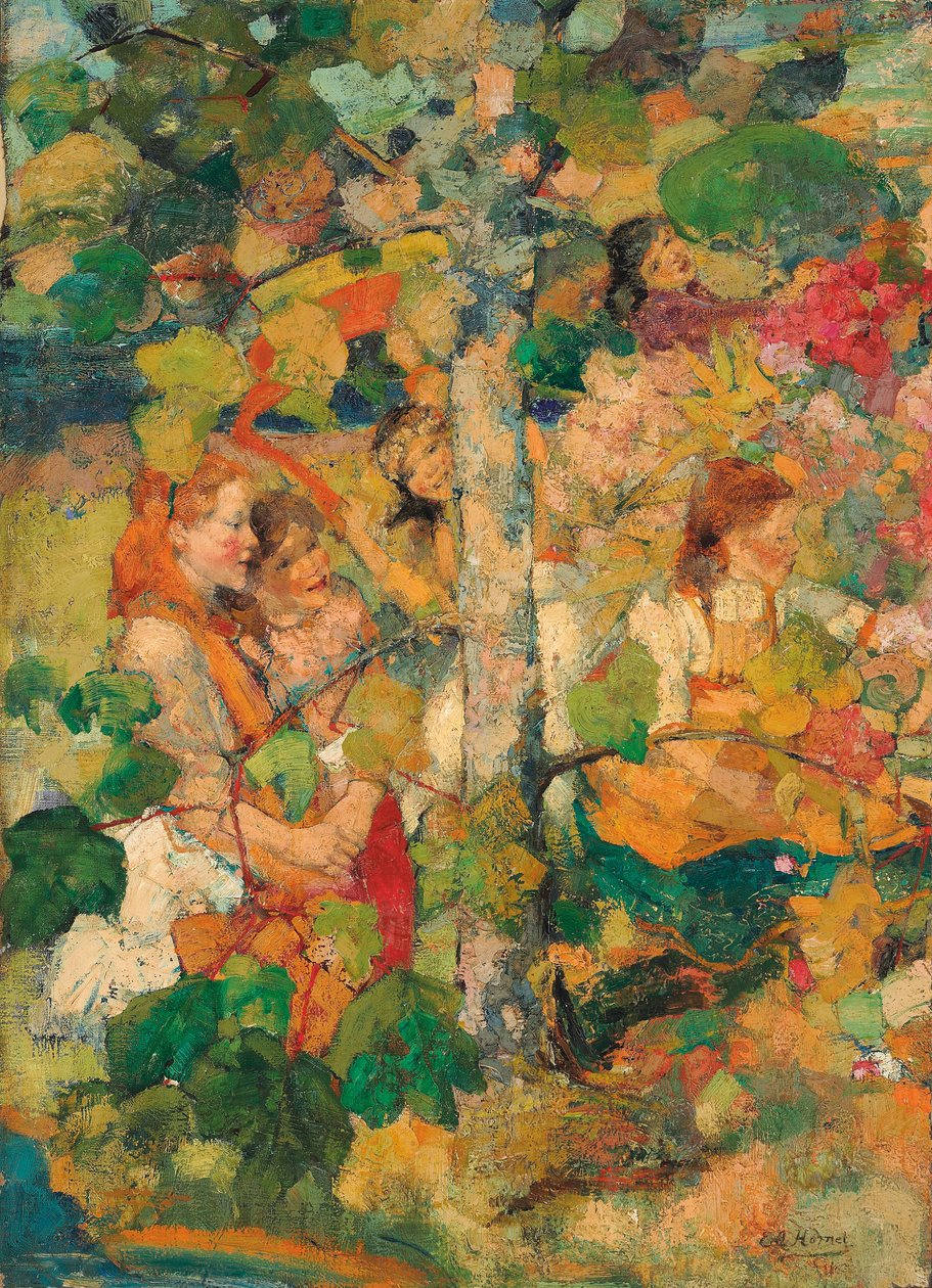 Lapset tanssivat puun ympärillä tekijältä Edward Atkinson Hornel