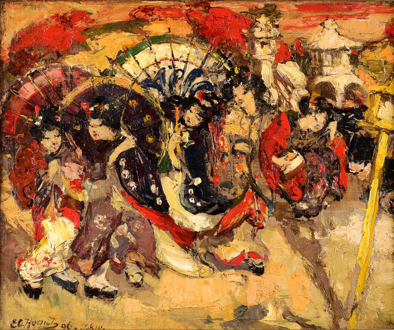 Japanilaisia hahmoja puutarhassa tekijältä Edward Atkinson Hornel