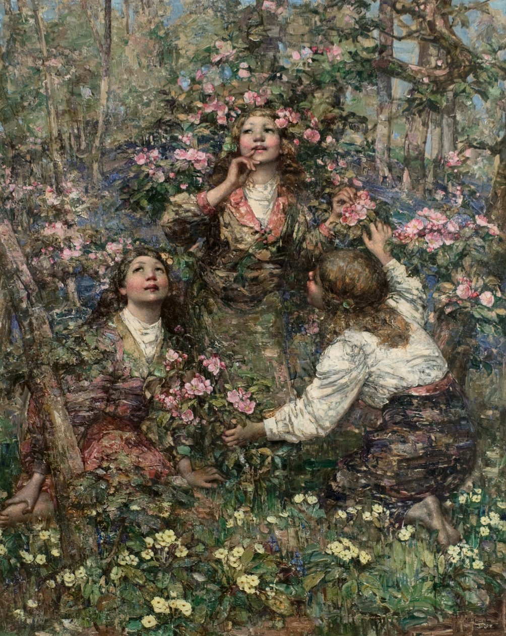 The Blackbird Song, n. 1908 (öljy kankaalle) tekijältä Edward Atkinson Hornel