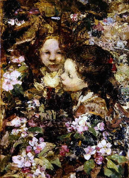Kaksi tyttöä kukkien keskellä (öljy kankaalle) tekijältä Edward Atkinson Hornel