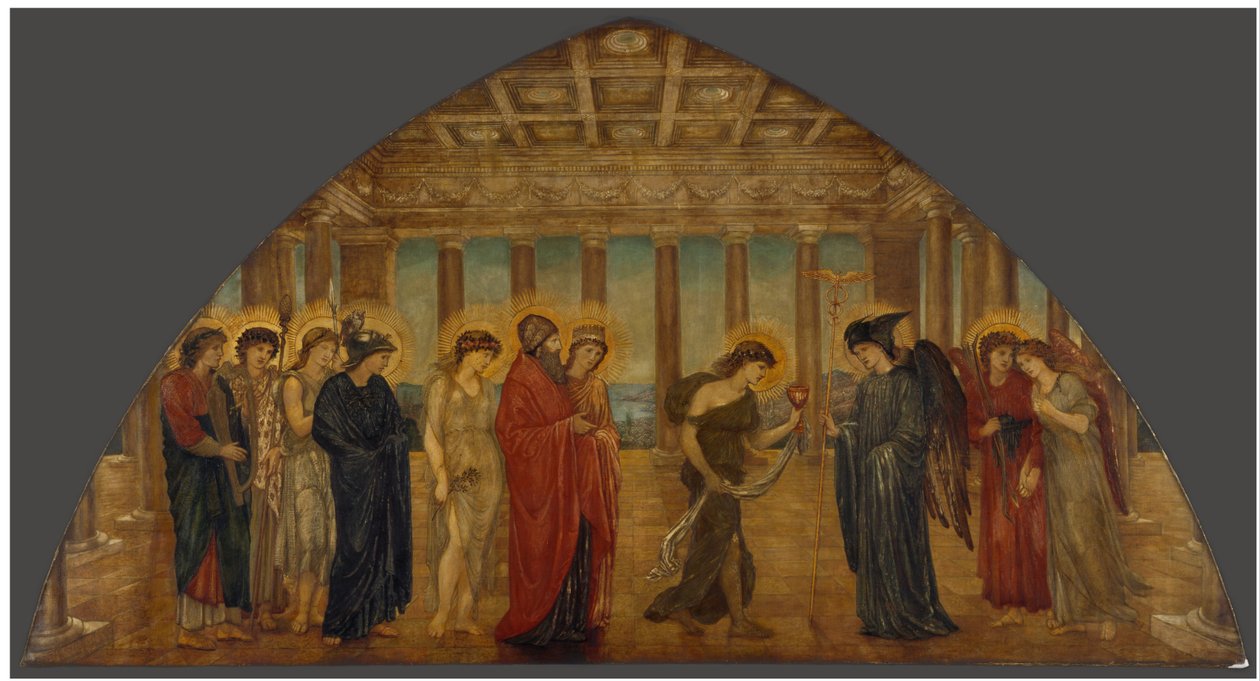 Cupido ja Psyche - Palatsin vihreät seinämaalaukset - Psyche astuu Olympoksen portteihin. tekijältä Edward Burne-Jones