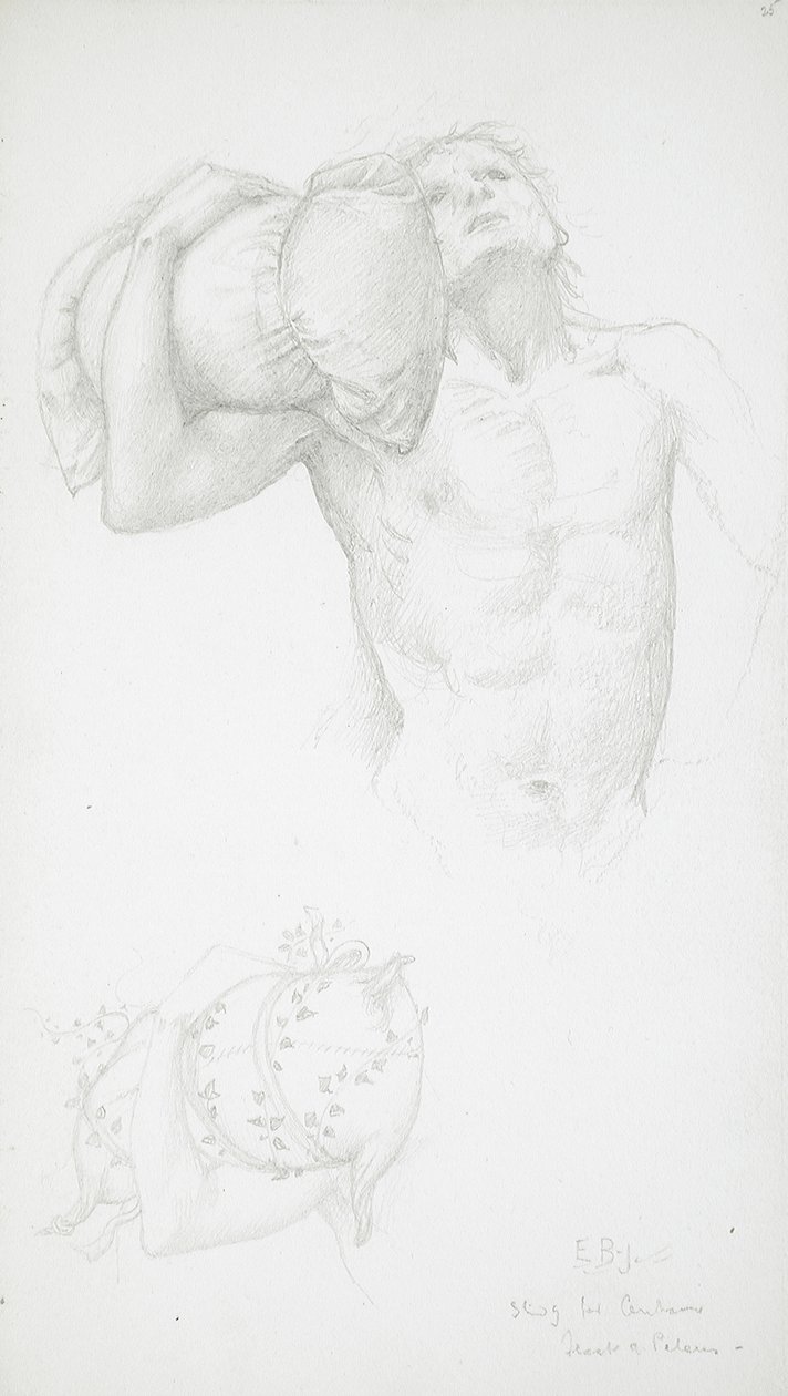 Miesalastonkuva, jossa mies pitelee tyynyä tekijältä Edward Burne-Jones