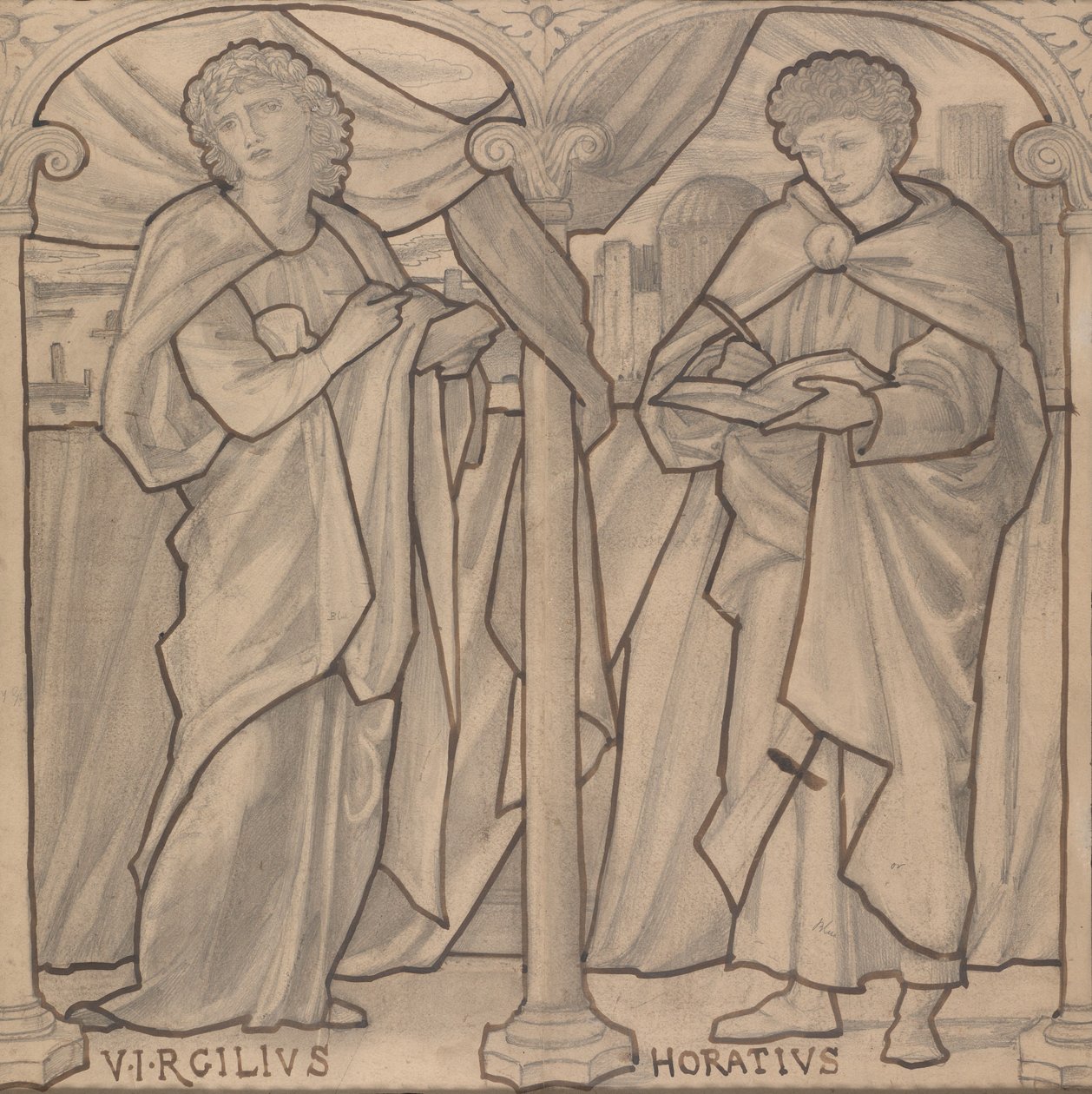 Valmisteleva suunnittelu lasimaalauksille, Virgil ja Horace tekijältä Edward Burne-Jones