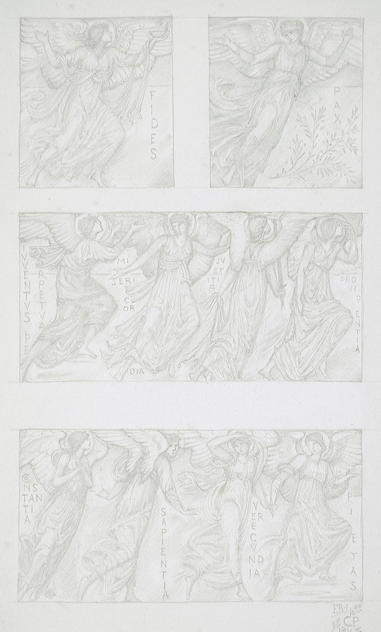 Allegoristen hahmojen luonnoslehtiä tekijältä Edward Burne-Jones