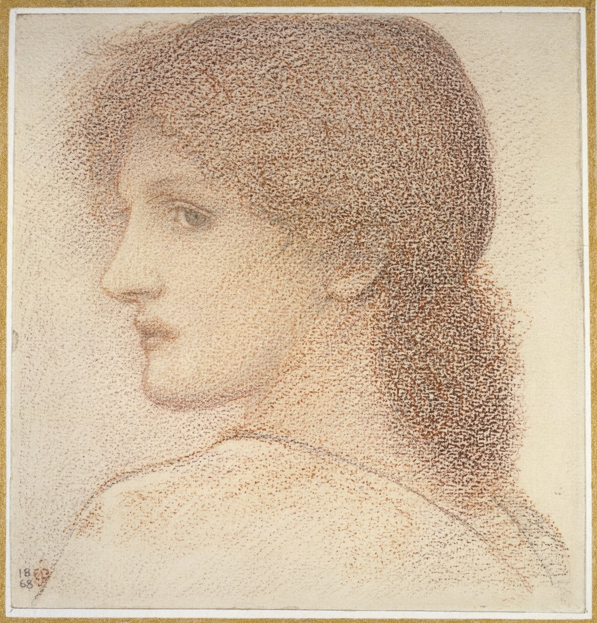 Tutkimus naisen päästä, käännetty vasemmalle, 1868 (punainen liitu paperille) tekijältä Edward Burne Jones