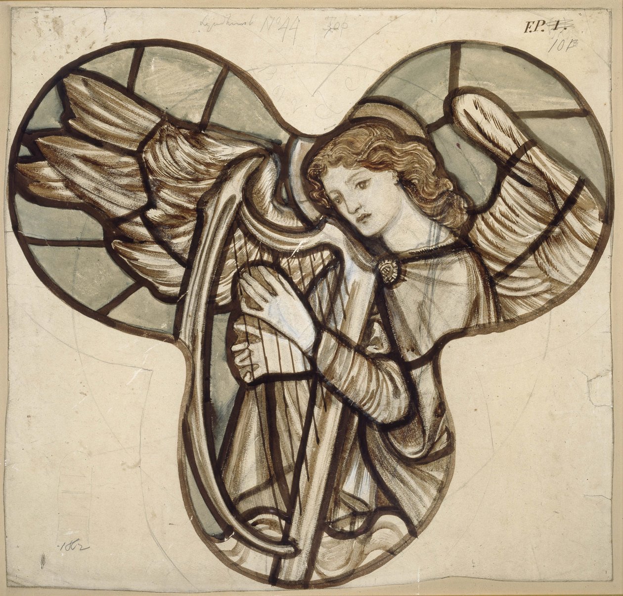Suunnittelu lasimaalauksille Lyndhurst Churchissa: An Angel Harpist, 1862 (ruskea ja sininen pesu grafiitin päälle) tekijältä Edward Burne Jones