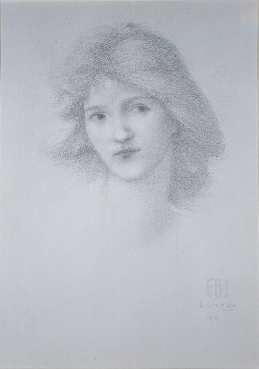 Naispää: Tutkimus "The Car of Love", 1895 (lyijykynä) tekijältä Edward Burne Jones