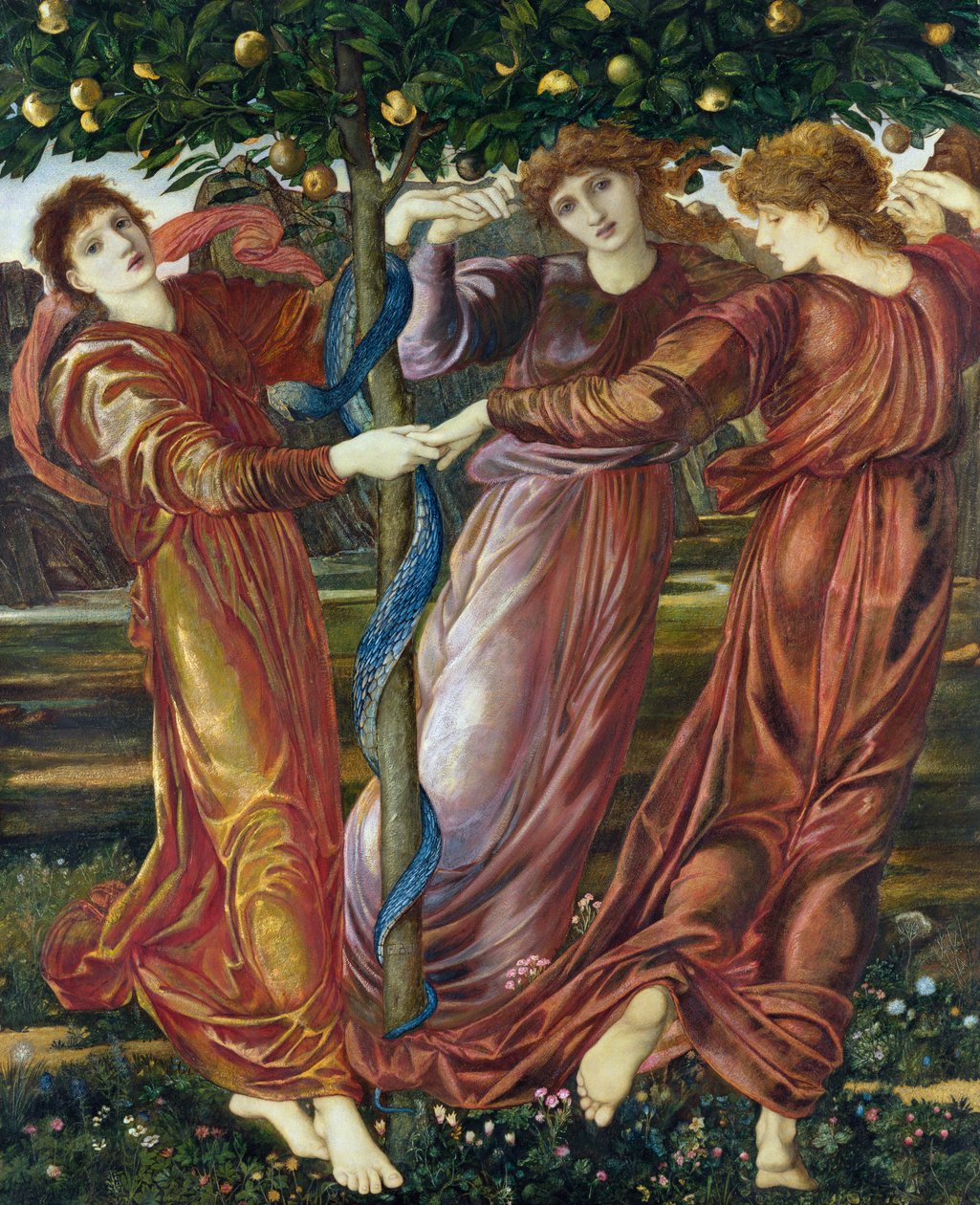 Hesperidien puutarha, 1869-73 (tempera, guassi ja öljy kortille ja kankaalle) tekijältä Edward Burne Jones