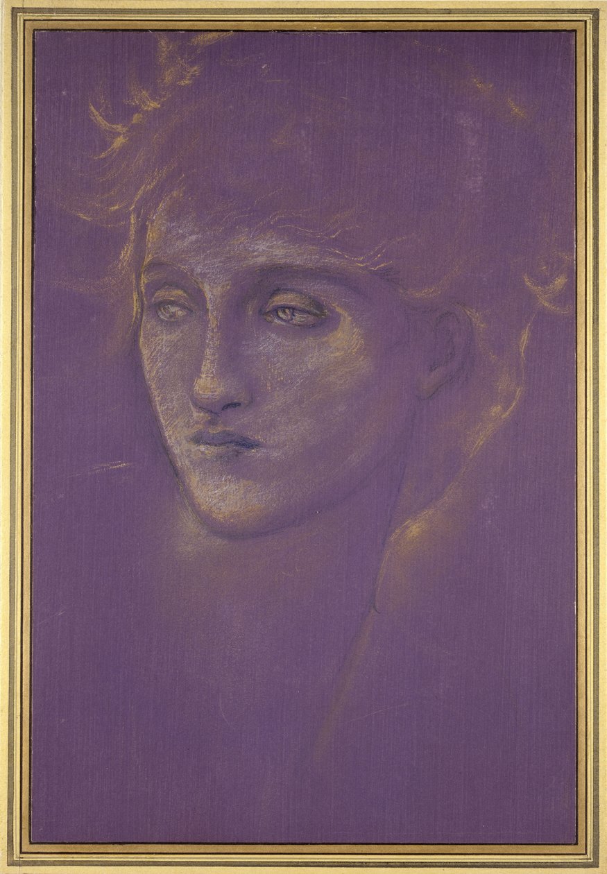 Naisen pää, 1890-luku (kultamaali violetilla pohjalla). tekijältä Edward Burne Jones