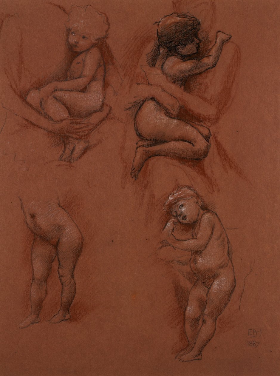 Tutkimuksia lapsista äitien sylissä, 1887 (musta, punainen ja valkoinen liitu punaisella paperilla) tekijältä Edward Burne Jones