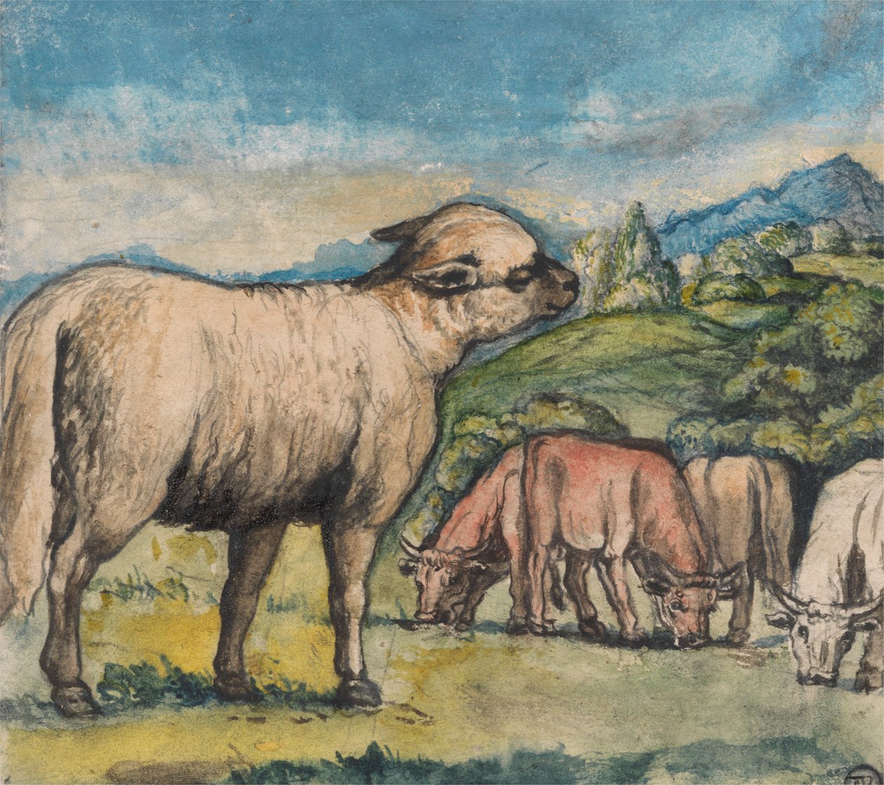 Karitsa ja härät pastoraalimaisemassa tekijältä Edward Calvert