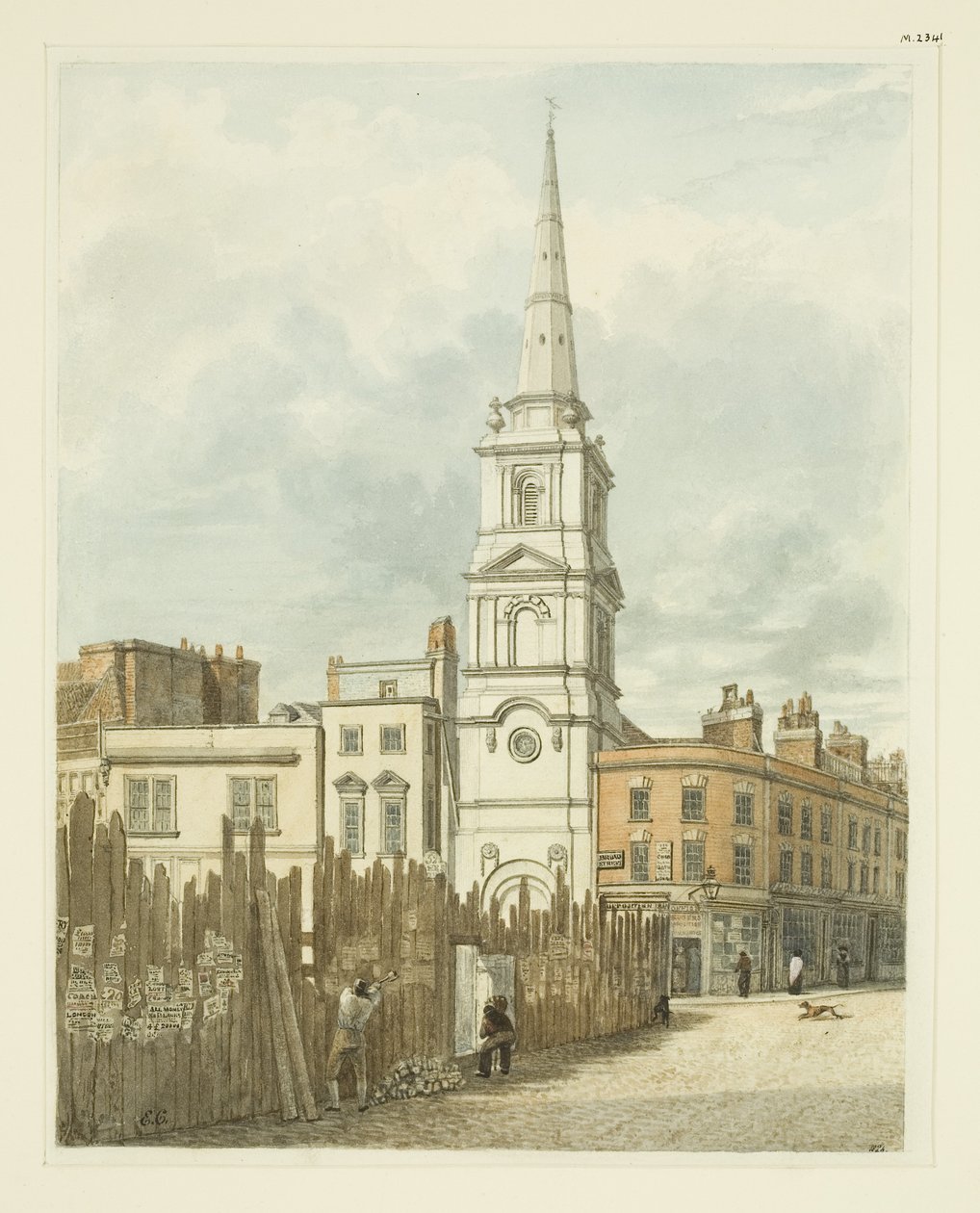 Christ Church from Exchange, jossa paikka raivattu uuden valtuuston rakennuksesta (kynä ja akvarelli paperille) tekijältä Edward Cashin