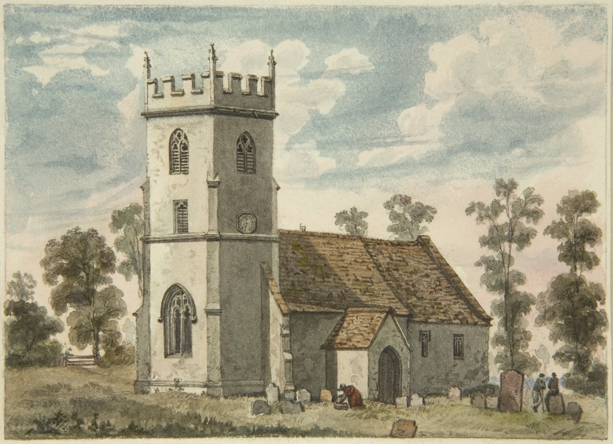 Tuntematon kirkko, ehkä Compton Greenfield, n. 1823 (kynä ja akvarelli paperilla) tekijältä Edward Cashin