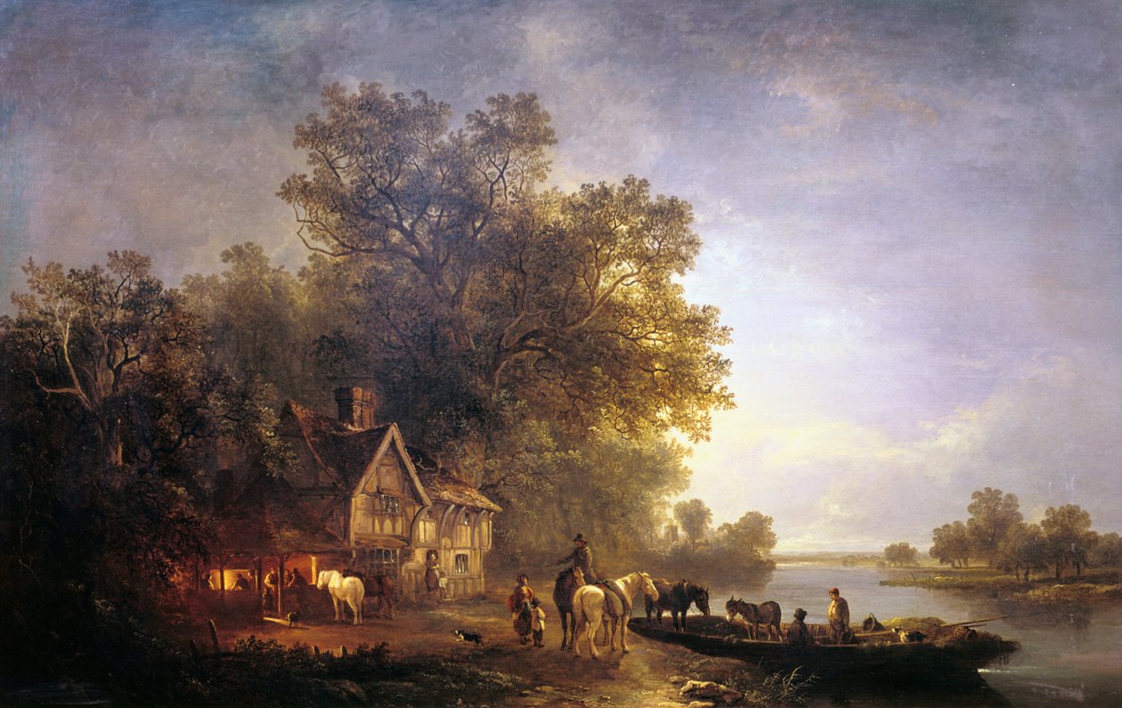 Jokimaisema maalaisteineen ja hevosineen, n. 1860 tekijältä Edward Charles Williams