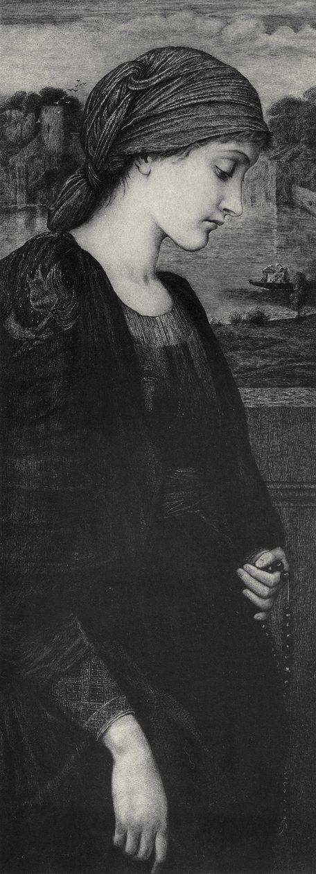 Vestalin liekki, n. 1887 (etsaus painettu perunakalvolle) tekijältä Edward Coley (after) Burne Jones