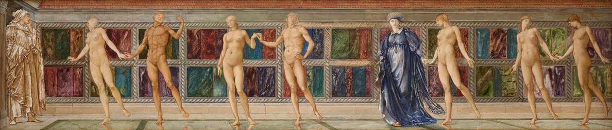 Pyhiinvaeltaja joutilaisuuden puutarhassa - Tutkimus yhdeksästä hahmosta, n. 1874 (akvarelli) tekijältä Edward Coley (studio of) Burne Jones