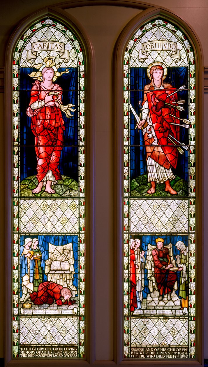 Charity and Fortitude (David Lamenting ja David Consoled), n. 1896 (lasimaalaus) tekijältä Edward Burne Jones