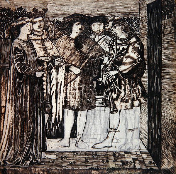 Suunnittelu Punaisen talon koristeluun: "Sir Degrevauntin hääkulkue" tekijältä Edward Coley Burne Jones
