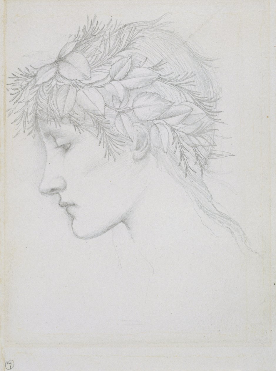 Lehtien kruunaama pää, noin 1897 (lyijykynä paperille). tekijältä Edward Coley Burne Jones