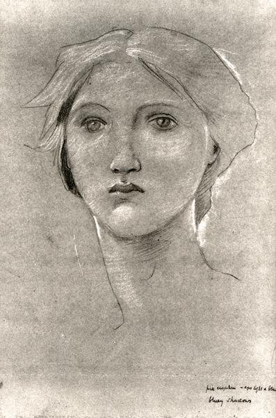 Tytön pää, n. 1893-1896 (ruskealla helmanauhalla korotettu värikynä) (m/v kuva) tekijältä Edward Coley Burne Jones