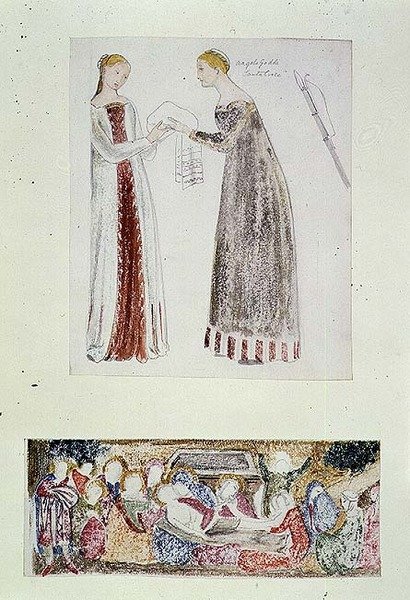 Nro 1084-f.10 (TtoB) Two Maids, kopio Giovanni da Milanon teoksesta Marian syntymä Firenzen Rinuccini-kappelista; Valituslaulu (akvarelli, kynä) tekijältä Edward Coley Burne Jones