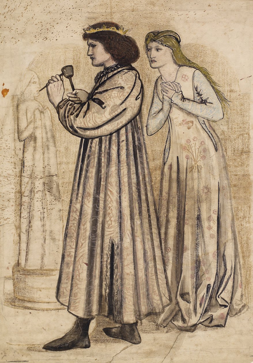 Kohtaus, jossa kuningas Rene veistää hahmoa, kun uusi morsiamensa katselee häntä (kynä & intiamuste pesuaineella ja kynä paperilla) tekijältä Edward Coley Burne Jones