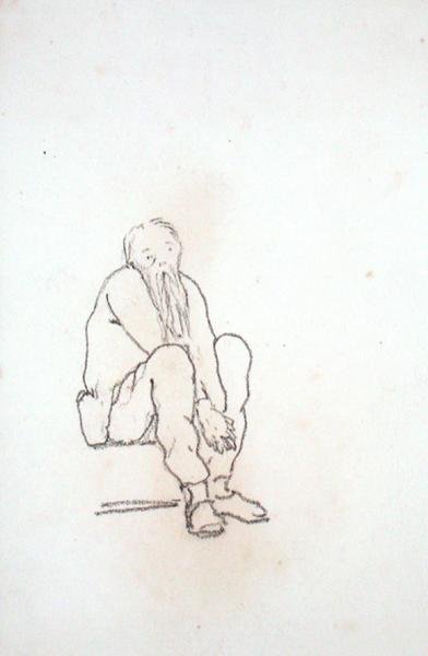 Taiteilijan omakuva, istuu, kädet polvien välissä, piirustusalbumista (kynä paperille) tekijältä Edward Coley Burne Jones